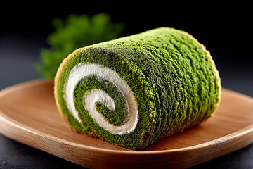 A beautifully rolled green tea cake with a creamy filling, presented on a wooden plate. Ideal for dessert lovers and culinary enthusiasts.