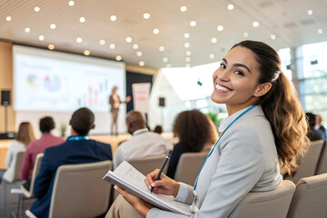Conference Attendee Taking Notes During Presentation Session