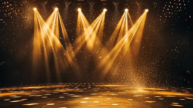 Dramatic stage lighting with golden beams illuminating an empty performance area in a theater