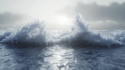 Obraz premium A wave breaking in the ocean, with white foam and sunlight reflecting on the water surface.