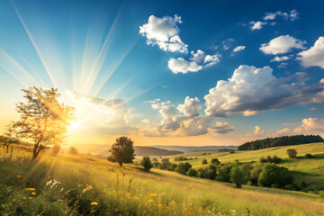 Obraz premium Vibrant Sunlight over Golden Meadow with Flowers