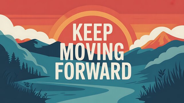 Scenic landscape with mountains, river, and inspirational message keep moving forward