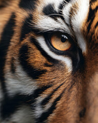 A close-up shot of a tiger's eye, showcasing its vibrant colors, intense gaze, and distinctive fur patterns, highlighting the beauty of wildlife.