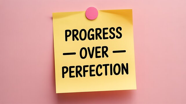 A yellow sticky note with progress over perfection message pinned on pink background