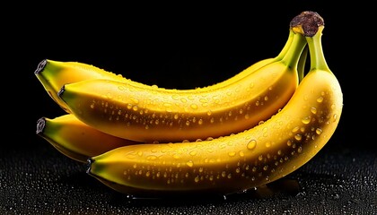 Fresh Yellow Bananas with Vivid Water Droplets Clinging to Their Smooth Skins, Set Against a Dark, Contrasting Background