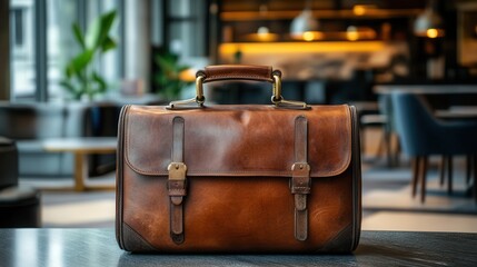 Elegant leather briefcase placed on a table in a modern, stylish caf? with plants and decor
