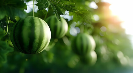 A close-up view of green watermelons hanging from lush vines, illuminated by warm sunlight. Symbolizing summer freshness and a bountiful harvest.