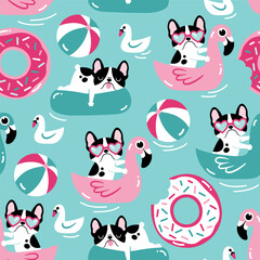 Seamless vector pattern with cute dog and pool float. Hand drawn summer swimming dog background. Perfect for textile, wallpaper or print design. EPS 10 vector file.
