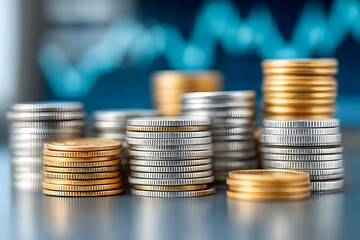A close-up view of stacks of shiny coins in gold and silver. The backdrop features a financial graph, symbolizing investments and economic growth.