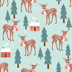 Seamless vector pattern with snowy winter forest and deer. Hand drawn pine trees and cute winter fawn. Perfect for textile, wallpaper or print design. EPS 10 vector file.