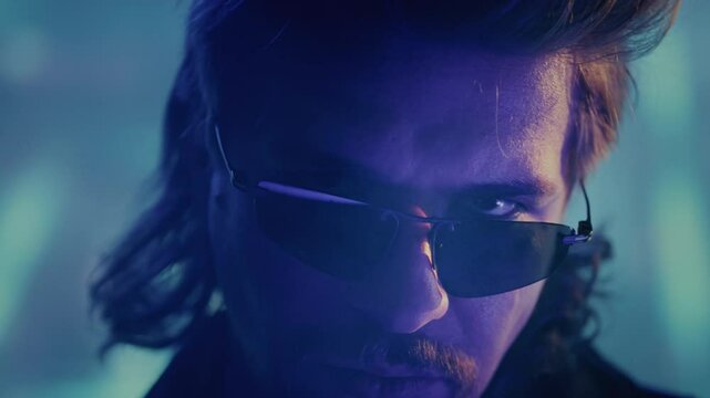 Portrait: Handsome male in retro style, vaporwave actor vintage TV series. Face of a cool man from the 1990 1980 wearing sunglasses, retrowave hair style and mustache. Nostalgia
