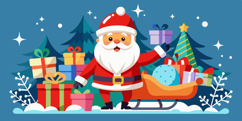 cute Santa Claus carrying sleigh with gift boxes. Santa Claus brought gifts for Holidays. Christmas delivery concept and white background
