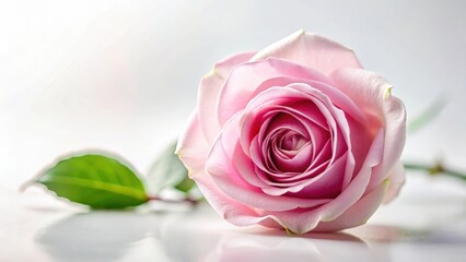 Detailed description of a single pink rose in full bloom on a clean white background with delicate petals unfolding slowly
