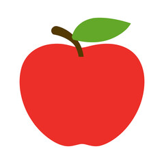 Simple flat illustration of a ripe red apple fruit with a green leaf on a white background.