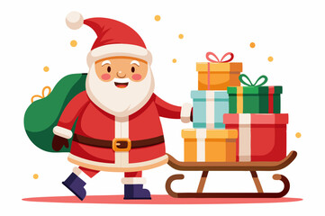cute Santa Claus carrying sleigh with gift boxes. Santa Claus brought gifts for Holidays. Christmas delivery concept and white background