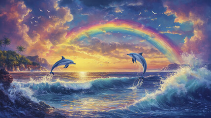 Image of Two dolphins jumping out of the sea against a backdrop of a rainbow and sunset. printed on Printed Aluminium Shower Panels