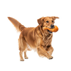 Obraz premium Golden Retriever running with Chicken Leg isolated on a transparent background 