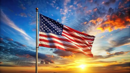 American flag on blue background with patriotic colors and stars in the sky at sunset, freedom, sky,  freedom