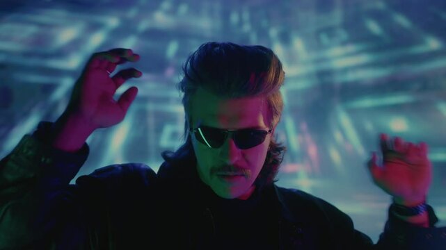 Portrait: Handsome male in retro style, vaporwave actor vintage TV series. Face of a cool man from the 1990 1980 wearing sunglasses, retrowave hair style and mustache. Nostalgia