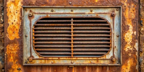 Rusty metal ventilation grille with isolated hatch opening in old industrial building