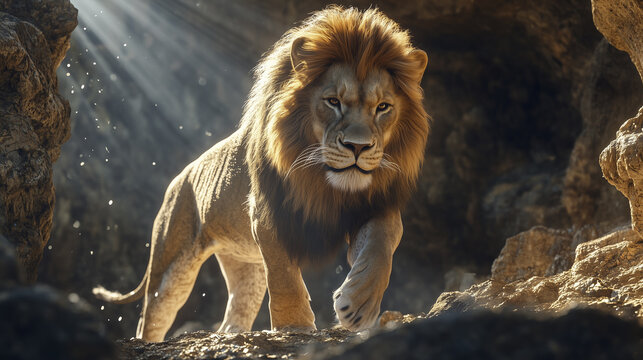 A majestic lion with a golden mane stands in a rocky cave, illuminated by sunlight streaming through the entrance.