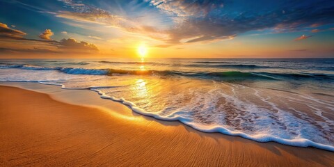 Sandy beach at sunrise with warm light and gentle waves, waves, sunset