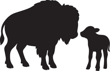 Buffalo with calf icon clip art silhouette vector animal family illustration.