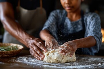 A child and an adult are engaged in making dough, highlighting the joy of cooking together, nurturing relationships, and the delightful experience of shared culinary adventures.