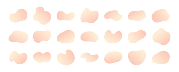 Collection of pastel liquid shapes in peach pink colors. Soft gradient blob elements with grainy texture on white background.