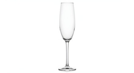 A champagne flute, empty and clean, standing tall on a white background