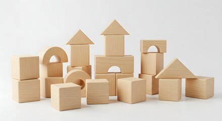 A collection of different sized, simple wooden blocks, suggesting construction or building, on a pristine white background