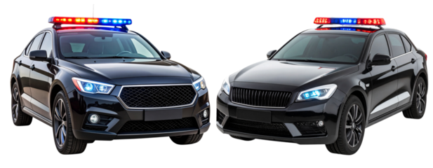 Modern Black Police Cruiser with Flashing Lights, isolated on transparent background PNG