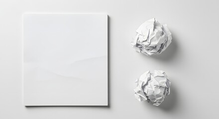 Crumpled white paper ball next to a smooth, uncrumpled sheet of white paper, symbolizing process or ideas, on a stark white background