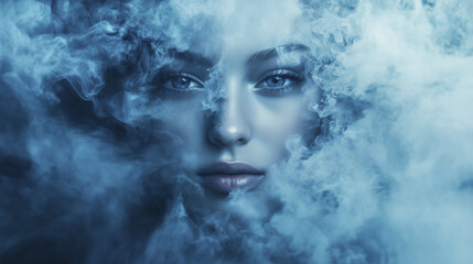 Fototapeta premium A woman’s face partially obscured by blue smoke, creating a mysterious and ethereal atmosphere.