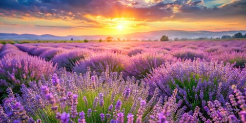 Obraz premium Colorful lavender fields in full bloom with soft gentle sunlight filtering through the flowers