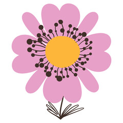Pink Flower with Simple Brush Line Decorations and Minimal Leaves. Lovely plant with cute line sketches of branches isolated on white background. Nature herb perfect for invitations, cards, posters