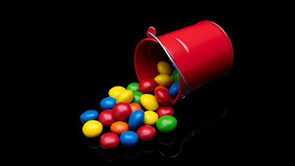 Red bucket spilling colorful candy on black background