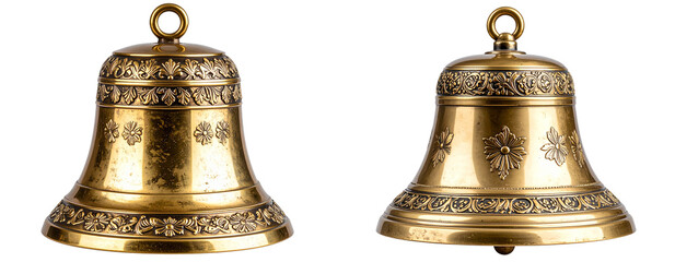  Antique Gold Bell with Engraved Floral Motifs, Vintage Decor Element Isolated on Transparent Background PNG