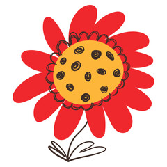 Cute Red Flower with Simple Brush Line Decorations. Cartoon plant with line sketches of branches isolated on white background. Nature herb perfect for invitations, cards, posters, holidays