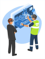 Plakat Engineer and executive using virtual reality to interact with a digital twin system for real-time industrial process visualization and smart factory management