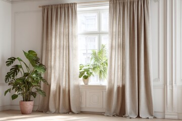 Light-filled room with beige curtains and houseplant