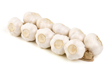 Fresh Garlic Bulbs Tied in a Braid Isolated on White Background.