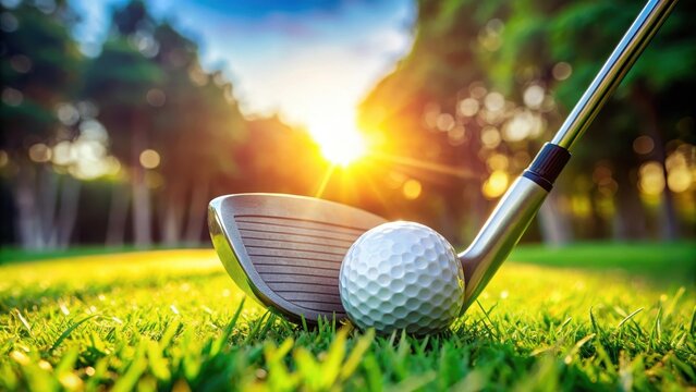 High-quality golf club head with ball in foreground on lush green grass of exclusive golf course
