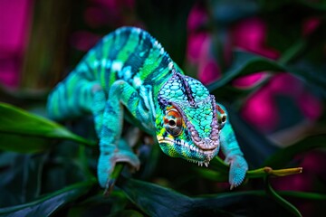 "Colorful Chameleon Close-Up on Tree Branch with Blurred Tropical Background"