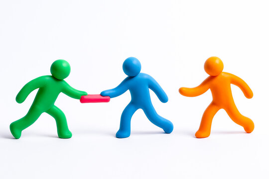 Colorful figures engaging in teamwork activity with one passing baton to another, illustrating collaboration and cooperation in playful manner