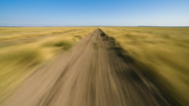 Aerial view of a vast field with parallel tracks under a clear blue sky on a bright sunny day scene