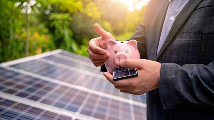 A person in a suit holds a piggy bank in front of solar panels, emphasizing the financial benefits of solar energy during golden hour - Powered by Adobe