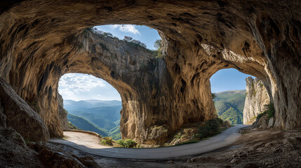 Scenic Mountain Road through a Rock Archway