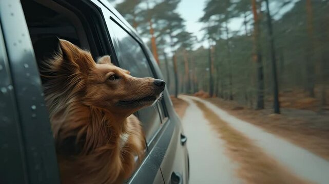 A dog leans out of a car window, feeling the wind as the vehicle drives down a muddy forest road on a wet day