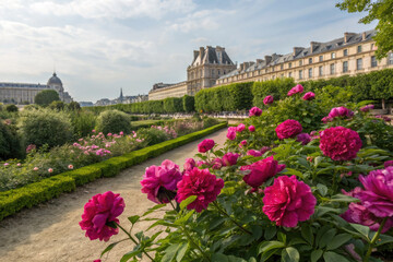 Parisian garden with blooming pink peonies and classic architecture under a bright sky.
